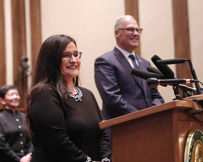Supreme Court Justice Raquel Montoya-Lewis answers questions from the press after then-Gov. Jay Inslee announced her appointment in 2019. (Photo courtesy of the governor&rsquo;s office)