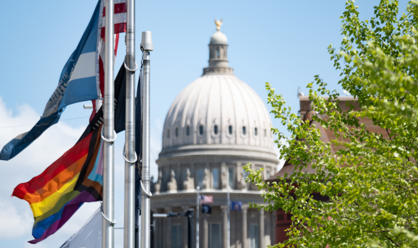 A pride flag flies in front of Boise City Hall, just blocks from the Idaho Capitol. The flag flies below the city&rsquo;s own banner and in April shared the flagpole with a flag honoring organ donation. The city also displays the U.S. flag, a POW/MIA flag and a state of Idaho flag.