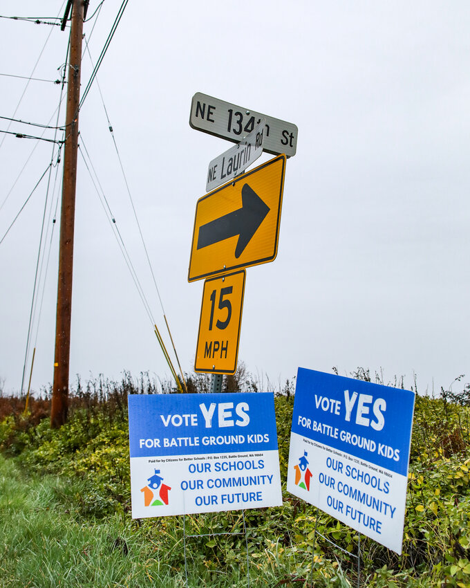 Two previously defaced Battle Ground Public Schools district levy signs were replaced with new ones at an intersection near Glenwood Heights and Laurin schools in the district on Thursday, Jan. 29.