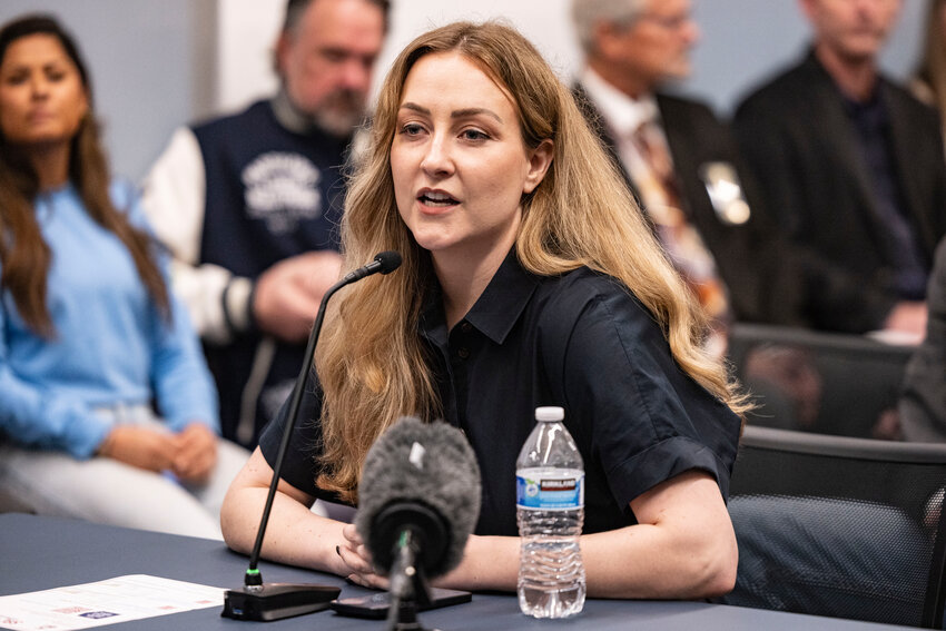 Podcaster Brandi Kruse speaks during a &ldquo;listening session&rdquo; with Republican state lawmakers concerning Initiative IL26-638 that would bar transgender athletes from competing in girls&rsquo; athletics at the Washington state Capitol on Tuesday, Feb. 3.