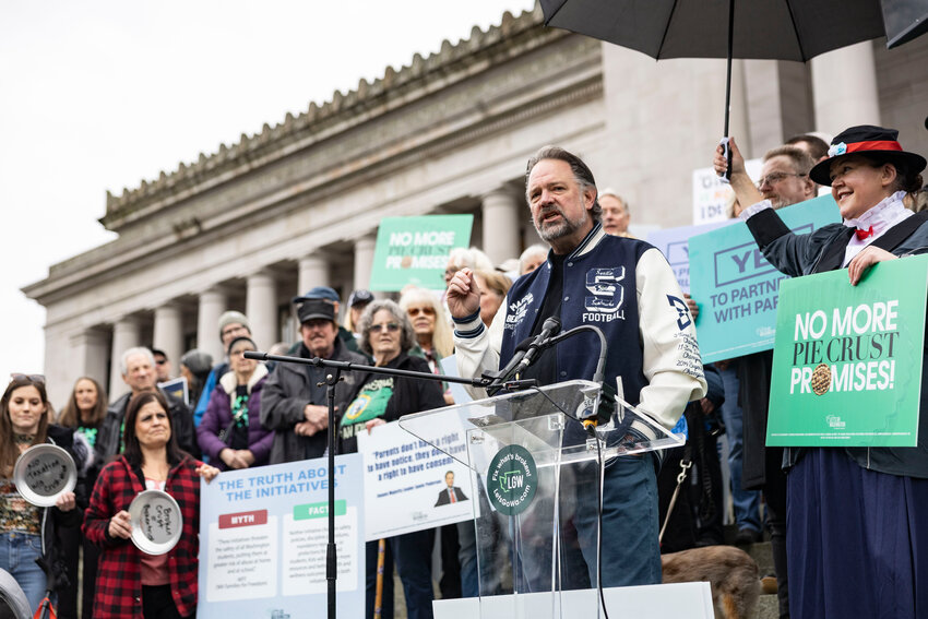 Let&rsquo;s Go Washington founder Brian Heywood speaks to supporters of the Let&rsquo;s Go Washington initiatives concerning parental rights and barring transgender athletes from girls&rsquo; athletics during a rally at the Washington state Capitol on Tuesday, Feb. 3.
