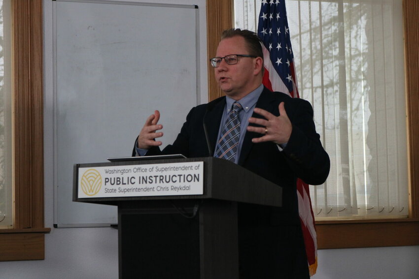Washington State Superintendent of Public Instruction Chris Reykdal holds a press conference on Thursday, Feb. 5, 2026. (Photo by Aspen Ford/Washington State Standard)