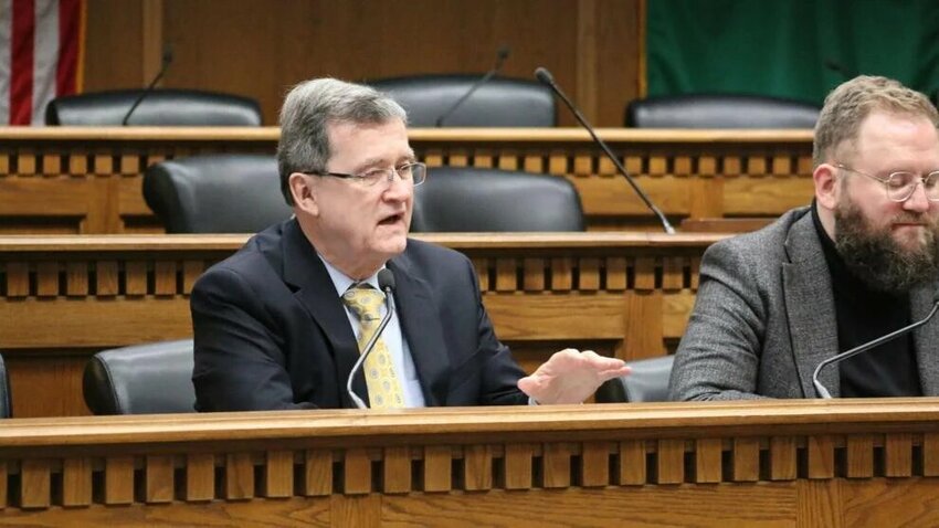 Sen. Curtis King, R-Yakima, speaks during a transportation budget panel press conference at the Washington State Capitol, Jan. 9, 2026, alongside Sen. Marko Liias, D-Edmonds.