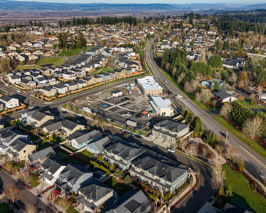 Vertical construction at the Hillhurst Commercial Center in Ridgefield is well underway on Friday, Feb. 6 as the retail development will introduce modern neighborhood commercial zones to North Clark County.