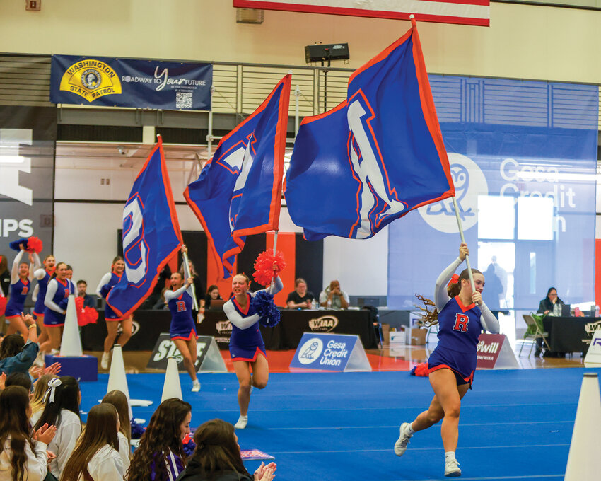 The Ridgefield Spudders cheer squad performs during the 2025 Washington Interscholastic Activities Association State Cheer Championships at Battle Ground High School.