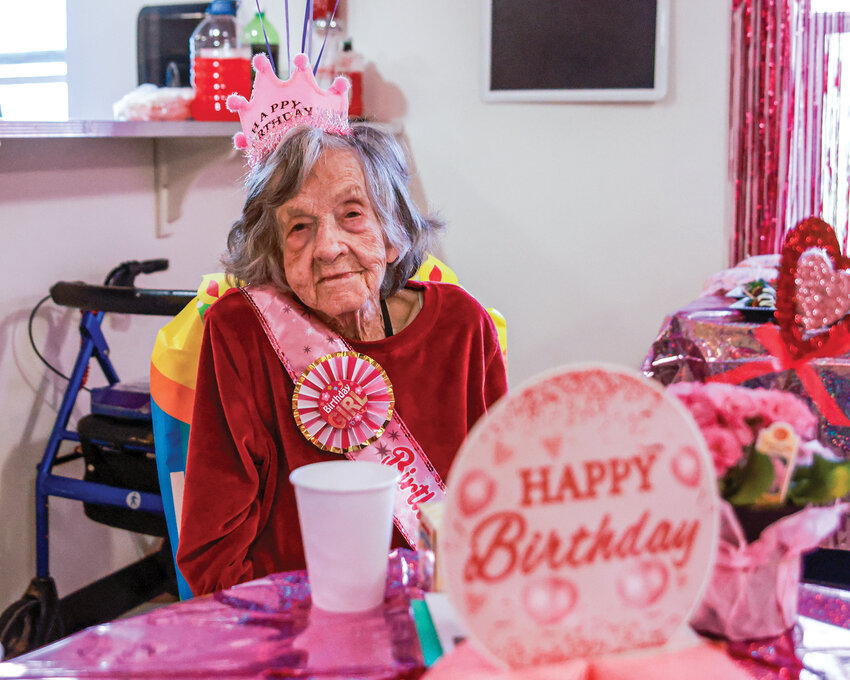 Grace Jemison-Martin is adorned in &ldquo;Birthday Girl&rdquo; attire at Mallard Landing Assisted Living in Battle Ground on Wednesday, Feb. 11.