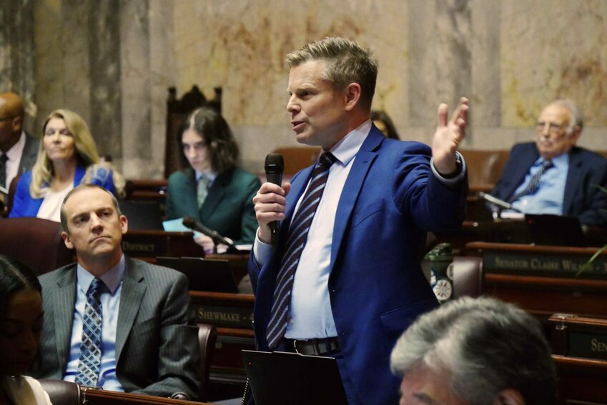 Senate Majority Leader Jamie Pedersen, D-Seattle, makes remarks on Feb. 16, 2026, during the floor debate over legislation he sponsored to tax personal income over $1 million a year. (Photo by Bill Lucia/Washington State Standard)