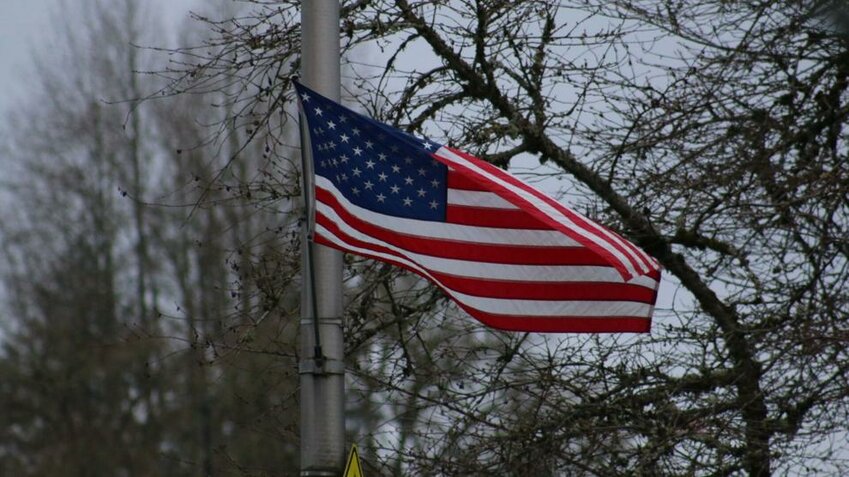 The U.S. flag flies outside the Washington State Capitol in Olympia, Wash., Feb. 13, 2026.