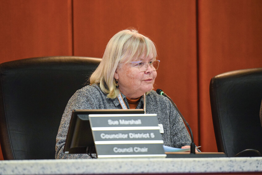 Clark County Council Chair Sue Marshall reads a statement noting county leaders are alarmed by federal immigration enforcement tactics during a Tuesday, Feb. 17, meeting. The statement was adopted in a 3-2 vote on Feb. 11 following weeks of debate and sharply divided public comment.