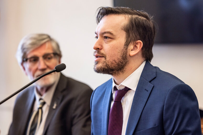 State Rep. Travis Couture, R-Allyn, answers a question during a Legislative Media Day at the Washington state Capitol on Thursday, Feb. 19, in Olympia.