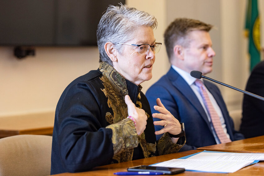 House Speaker Laurie Jinkins, D-Tacoma, speaks during a Legislative Media Day at the Washington state Capitol on Thursday, Feb. 19, in Olympia.
