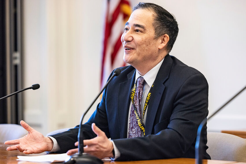 Secretary of State Steve Hobbs answers questions during a Legislative Media Day at the Washington state Capitol on Thursday, Feb. 19, in Olympia.