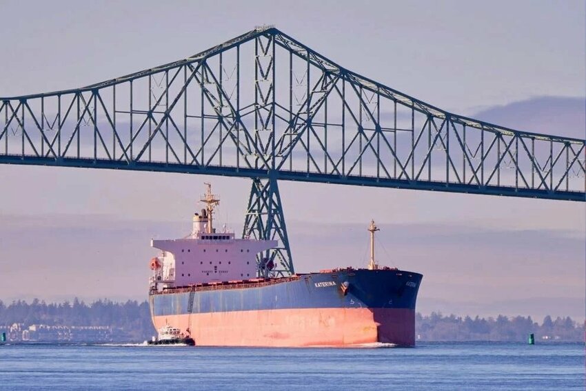 The Katerina bulk ship passes under the Astoria Megler Bridge on Oct. 6, 2025.
