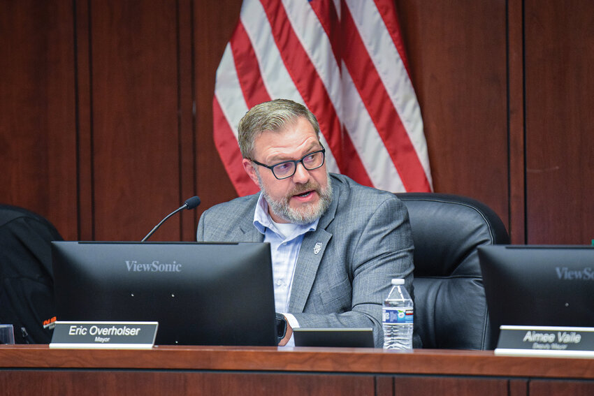 Battle Ground Mayor Eric Overholser speaks to the City Council during a meeting on March 2. Overholser sought guidance ahead of an upcoming C-Tran Board of Directors meeting regarding a potential high-capacity transit taxing subdistrict tied to light rail on the Interstate 5 Bridge Replacement project, which could exclude small cities like Battle Ground from funding light rail.