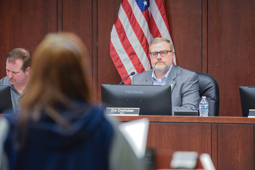 Mayor Eric Overholser listens as Jessica Cole, appointed to Lodging Tax Advisory Committee Tourism Generator Position 1, addresses the Battle Ground City Council during its March 2 meeting. Cole expressed frustration over the council&rsquo;s earlier decision to postpone Lodging Tax Advisory Committee appointments during a January meeting.