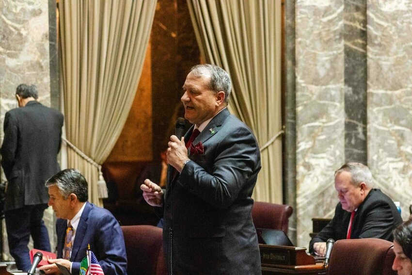 Sen. Leonard Christian, R-Spokane Valley, speaking on the Senate floor on April 27, 2025. (Photo by Jacquelyn Jimenez Romero/Washington State Standard)