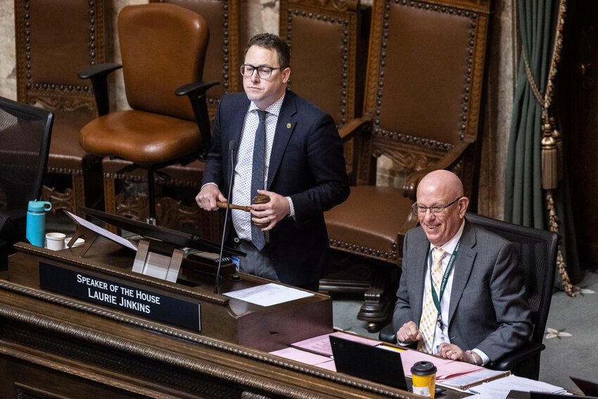 Rep. Joe Timmons, D-Bellingham, holds a gavel as assistant speaker pro tem during a House floor debate on SB 6346 on Tuesday, March 10, in Olympia.