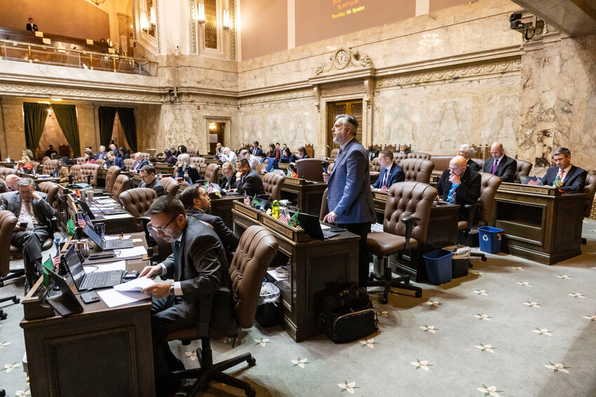 Rep. Andrew Barkis, R-Olympia, speaks during a House floor debate on SB 6346 on Tuesday, March 10, in Olympia.