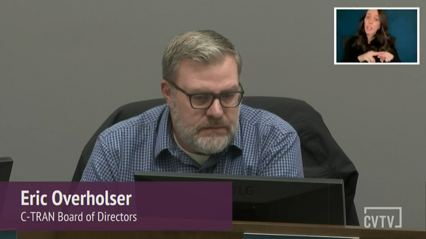 Battle Ground Mayor Eric Overholser speaks during the March 10 C-Tran Board of Directors meeting. He expressed support for an approved motion that any participation in funding operations and maintenance for bi-state transit, including light rail associated with the Interstate Bridge replacement, cannot use sales tax revenues previously approved by voters outside Vancouver city limits or the Vancouver Urban Growth Area.