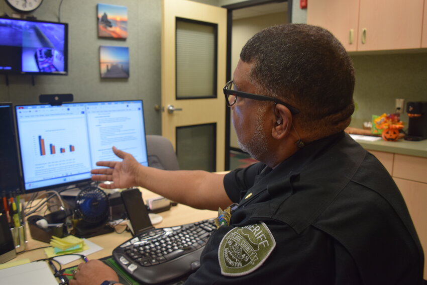 Commander Phil Sample points to data on calls for service inside the La Center police building operated by the Clark County Sheriff&rsquo;s Office. The data reflects policing trends during 2025, the first full year the sheriff&rsquo;s office provided contracted police services for the city.