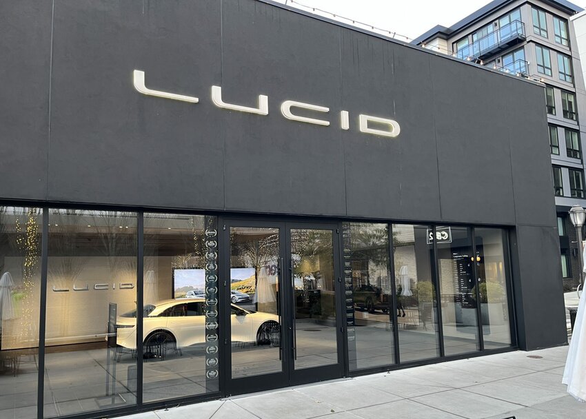 A Lucid showroom in Seattle&rsquo;s University Village, where potential car buyers can check out the manufacturers&rsquo; vehicles, but not test-drive or buy them. (Photo by Tom Banse)