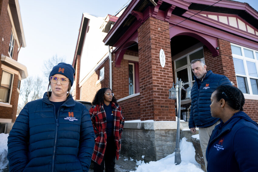 Sarah Beckman, left, stands with other staff members of Ohio&rsquo;s Hamilton County Quick Response Team in an undated photo. The team helps people who use fentanyl get treatment. Ohio had the largest drop in opioid overdose deaths of any state as of October 2025 since the national peak in June 2023.