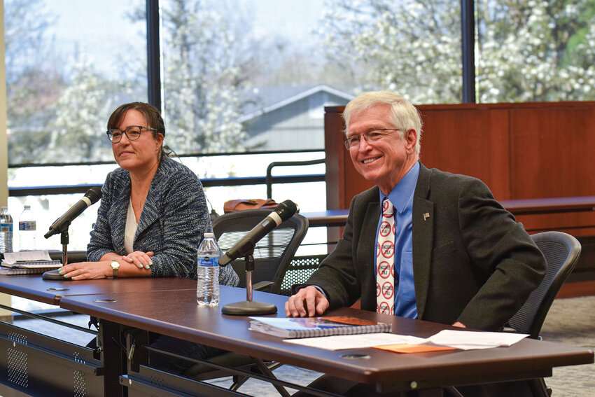 Washington state Reps. Stephanie McClintock, left, and John Ley take questions from community members during a town hall at Battle Ground City Hall on March 28. The event focused on education funding, tax policy and major regional projects affecting the 18th Legislative District.