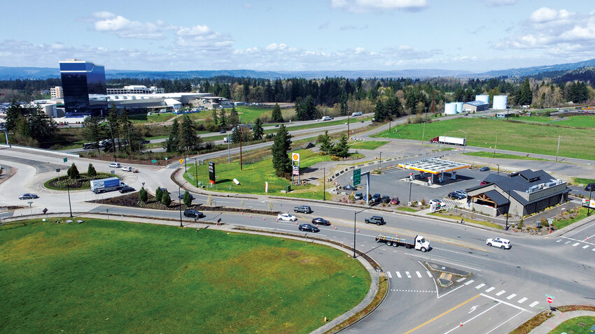 Traffic moves through the Interstate 5 Exit 16 interchange near La Center. The city plans to install a new electronic message sign at the junction while also advancing a phased increase to transportation impact fees to help fund road and safety improvements.