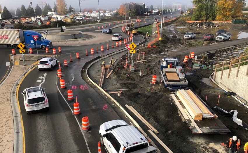 Crews prepare the forms for new sidewalks along State Route 99 in Fife. Once the forms are complete, crews will pour concrete to complete the sidewalks. This work is part of the State Route 167 Completion Project. (Photo courtesy of WSDOT)