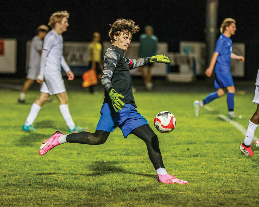 La Center senior goalkeeper Dakota Dickerson launches the ball during the Wildcats&rsquo; 2-2 tie with King&rsquo;s Way Christian High School on Monday, March 29.