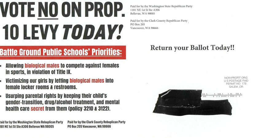 A political mailer opposing the Battle Ground Public Schools levy was sent to voters ahead of the Feb. 10 election. Washington state Republican Party chair Jim Walsh says the party had no involvement, while the Clark County Republican Party has not responded to requests for comment, despite both organizations being listed on the mailer.