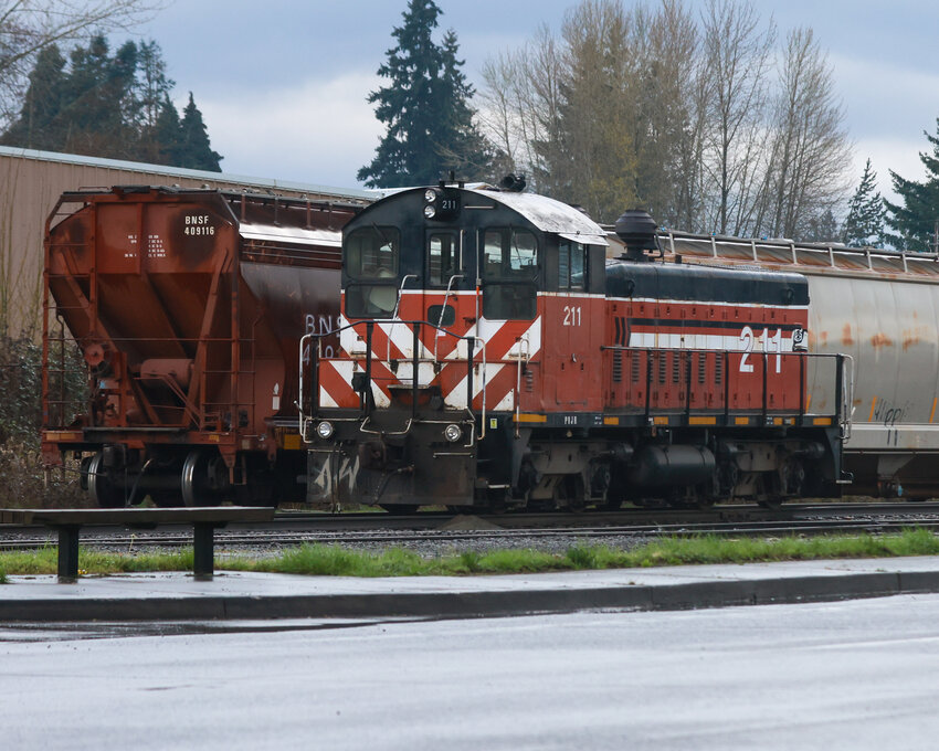 A Portland Vancouver Junction Railroad (PVJR) train engine sits in a small railyard along Northeast St. Johns Road in Clark County.