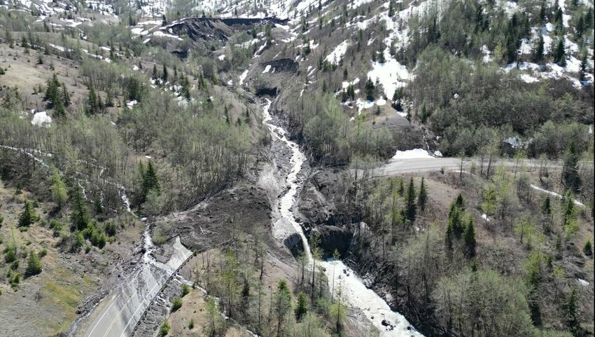 Washington State Department of Transportation and members of the Washington State Patrol respond to the scene of a landslide along Spirit Lake Highway on Monday, May 15, 2023.