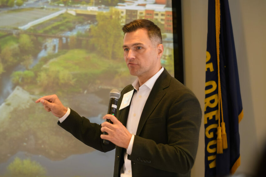 Attorney General Dan Rayfield speaks to the Salem City Club at the Willamette Heritage Center in Salem on Sept. 12, 2025. (Photo by Laura Tesler/Oregon Capital Chronicle)