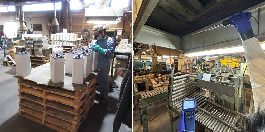 At left, a worker in the production area at Seattle-based Dyno Battery. Stacks of lead plates can be seen in the background. Right, an air shower that was supposed to clean the lead out of the air was instead blowing even more toxic dust onto the workers, according to the state Department of Labor and Industries.
