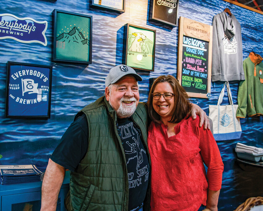 Fran Schreiber, general manager of Everybody&rsquo;s Brewing at Northwood, and her husband, Mitch Schreiber, stand together at the entrance of the restaurant on Thursday, April 16.