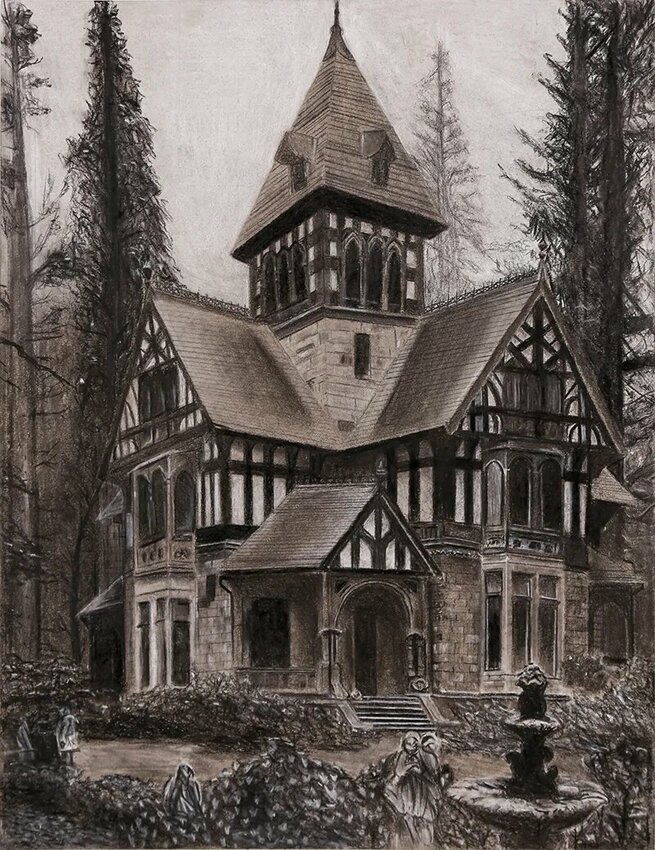 Ridgefield High School&rsquo;s Chloe Anderson&rsquo;s Regional Award-winning &ldquo;Timeless Beauty&rdquo; features an intricate home drawn in charcoal.