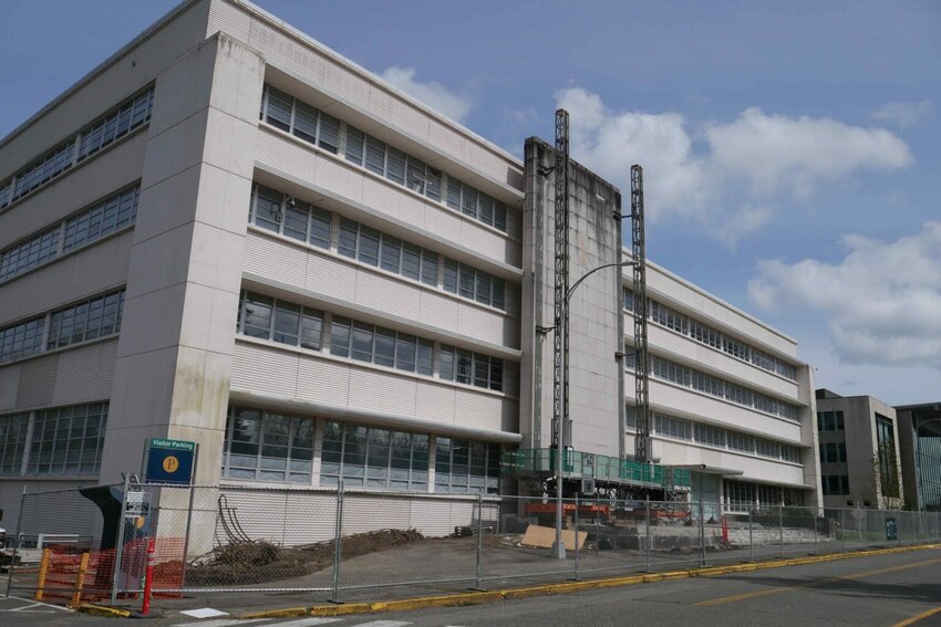A view of the south side of the General Administration Building on April 17, 2026. The state office building was completed in 1956 and is being torn down during 2026. (Photo by Bill Lucia/Washington State Standard)