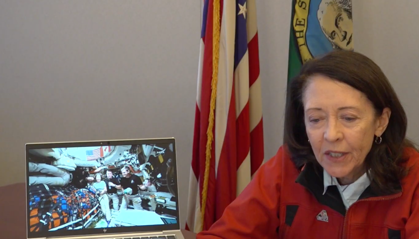 Sen. Maria Cantwell participates in a livestream with the Artemis crew in a video shared by her office.