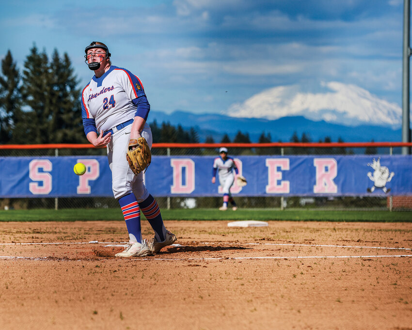Ridgefield&rsquo;s Faith Smith fires in a pitch during the Spudders&rsquo; 10-0 win over the Columbia River Rapids on Friday, April 24.