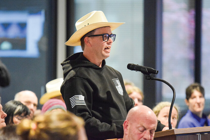 Travis Goodwin addresses councilmembers during public comment on Thursday, April 23. He urged the council to demand greater financial transparency and accountability before allowing the Port of Ridgefield&rsquo;s waterfront redevelopment plan to move forward.