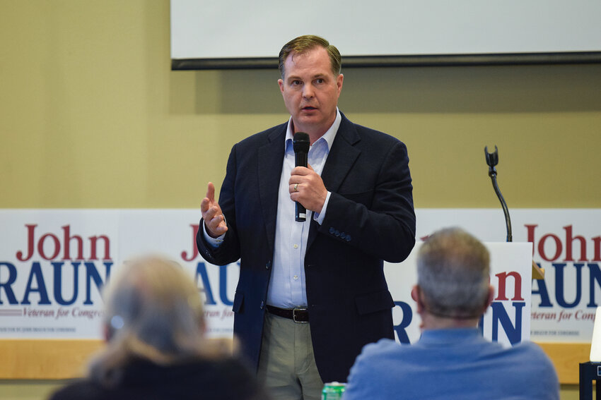 State Sen. John Braun, R-Chehalis, speaks to attendees during a campaign meet and greet on Monday, April 20, at the Battle Ground Event Center. Braun is running as a Republican challenger against incumbent U.S. Rep. Marie Gluesenkamp Perez in Washington&rsquo;s Third Congressional District.