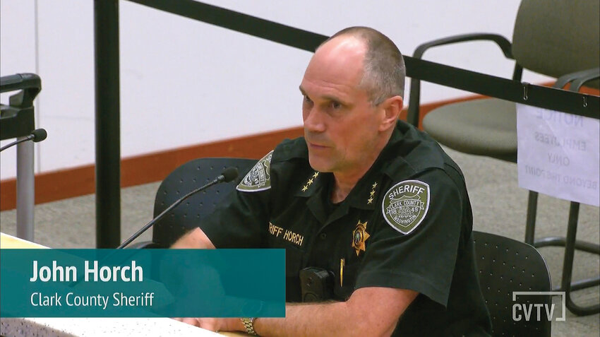 Clark County Sheriff John Horch addresses the Clark County Council during a meeting on Tuesday, April 21. The council unanimously approved additional staffing for the sheriff&rsquo;s office, including new deputy positions to support public safety.