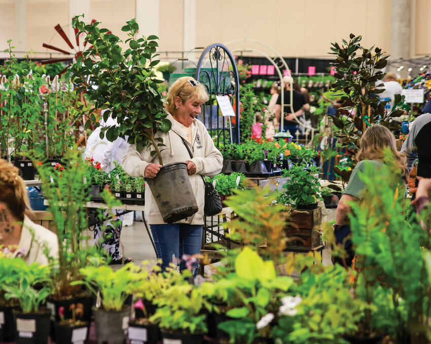 An attendee at the Clark Public Utilities Home and Garden Idea Fair excitedly walks with a plant on Sunday, April 26.