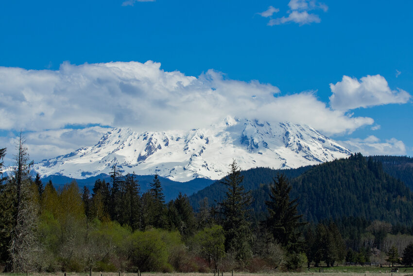 The peak of Mount Rainier is shrouded in cloudcover as seen from state Route 7 near Mineral on Sunday, April 26.
