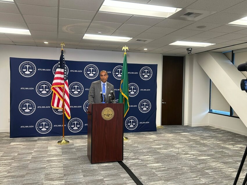 Washington Attorney General Nick Brown announces a lawsuit against Albertsons on Monday, April 27, 2026, in Seattle. (Photo by Jake Goldstein-Street/Washington State Standard)