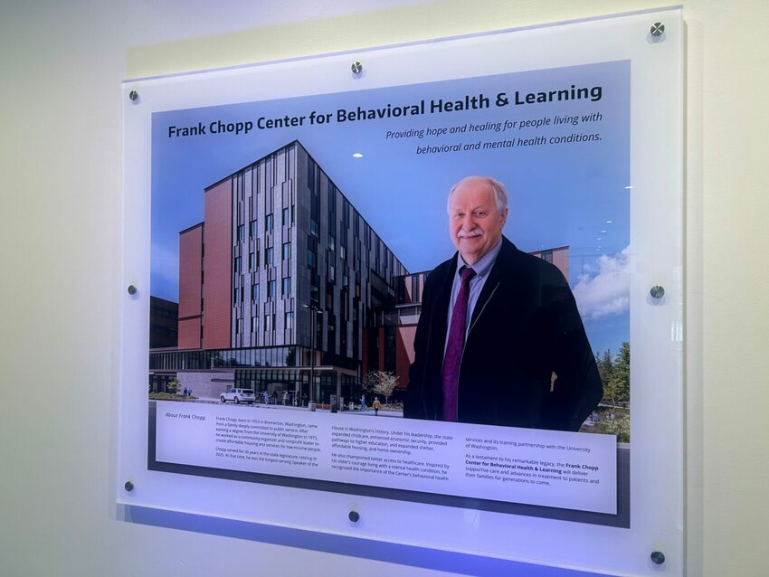 Signage honors Frank Chopp in the lobby of the University of Washington psychiatric teaching hospital dedicated to him on Tuesday, April 28, 2026, in Seattle. (Photo by Jake Goldstein-Street/Washington State Standard)