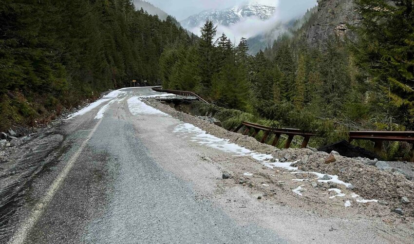 Damage on State Route 20 through the North Cascades following the winter of 2025-26. State transportation officials didn&rsquo;t have a timeline for getting the road reopened as of May 1.