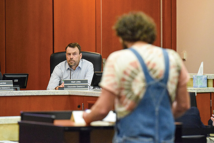 Clark County Councilmembers listen as Isaiah Irish calls for the protection of currently-designated agricultural resource lands during a Monday, April 27 public hearing. A majority of councilmembers voted to keep city requests to de-designate agricultural resource lands in the preferred alternative of its comprehensive plan, which would support city expansions for housing and job development.
