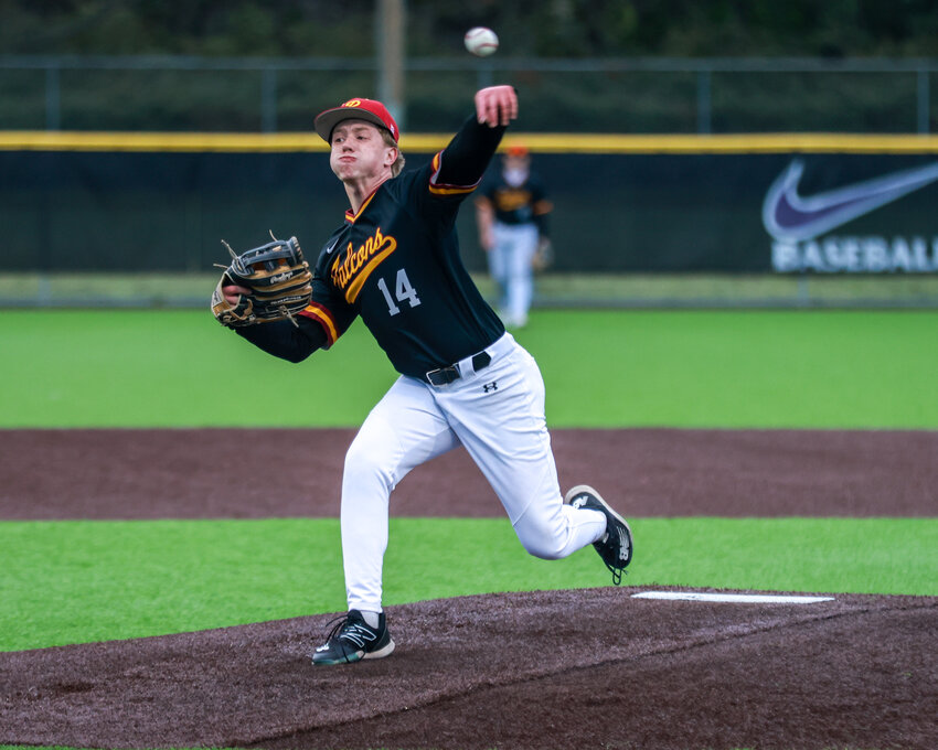 Prairie&rsquo;s Jackson Blickenstaff throws a pitch during a league game against Heritage High School in April.